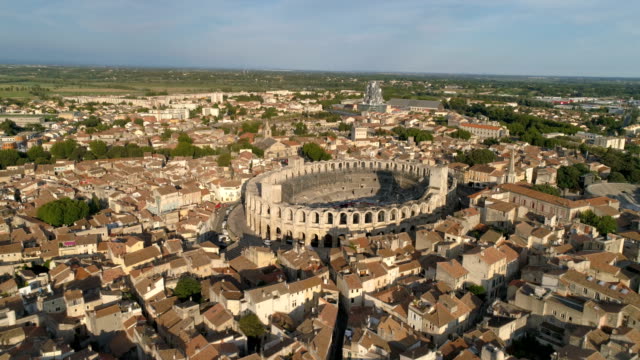 Arles arena aerial approach, Bouches-du-Rhône, France
