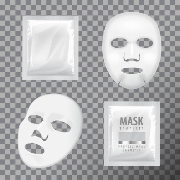 gesichtsblatt maske und beutel. leere vektor-mock-up-vorlage. beauty-produkt-verpackungsset - rebellion aging process facial mask beauty treatment stock-grafiken, -clipart, -cartoons und -symbole