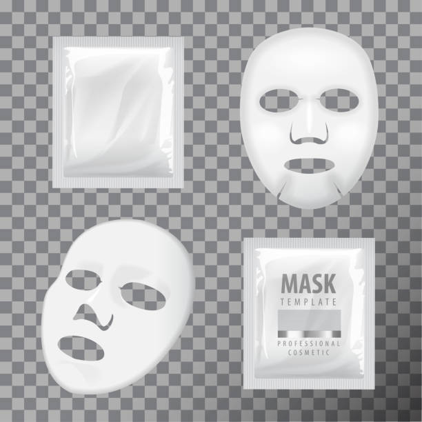 フ�ェイシャルシートマスクと小袋。空白のベクトルモックアップテンプレート。美容製品包装セット - フェイスパック点のイラスト素材／クリップアート素材／マンガ素材／アイコン素材