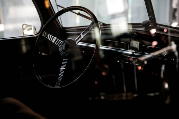 Steering wheel and dashboard in vintage car