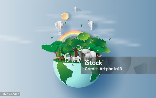 istock illustration of elephants in forest,Creative Origami design world environment and earth day paper cut and craft concept.Landscape Wildlife animal with Deer in nature by rainbow and balloons.vector. 1175447317