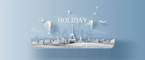 Vector illustration of Paper craft and cut style of Panorama Traveling holiday landmarks landscape Eiffel tower Paris city France.Creative origami travel festival season plan trip concept.Vacation party illustration.vector.