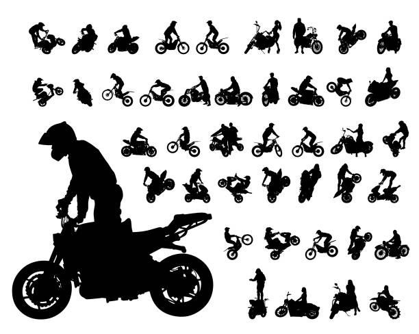 Biker on motor Set of motor bike and man white background biker stock illustrations