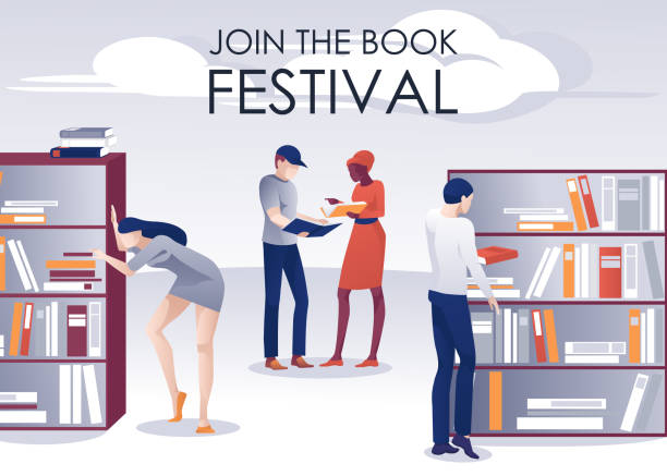 ilustrações, clipart, desenhos animados e ícones de livro festival promoção pessoas cartaz na biblioteca - men reading outdoors book