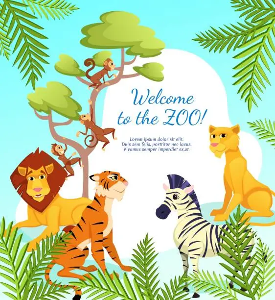 Vector illustration of Welcome to Zoo Banner, African Animals on Nature