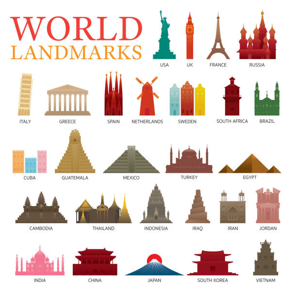 World Countries Landmarks Colorful Silhouette Set Famous Place and Historical Buildings, Travel and Tourist Attraction angkor wat stock illustrations