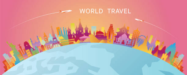 ilustrações de stock, clip art, desenhos animados e ícones de world skyline curve landmarks silhouette colorful - angkor wat
