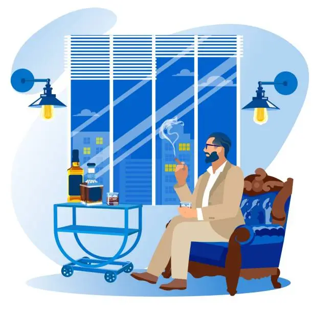 Vector illustration of Business Man Sitting on Armchair Smoking Cigar
