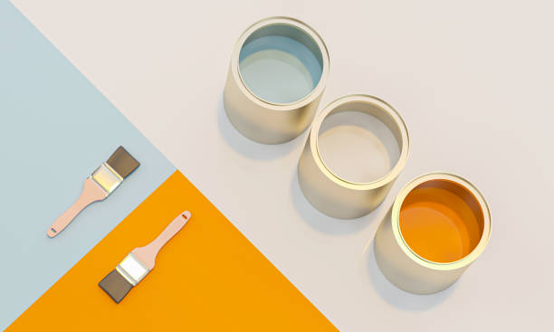 istock 3d image render of color cans and brush on geometric background 1175450435