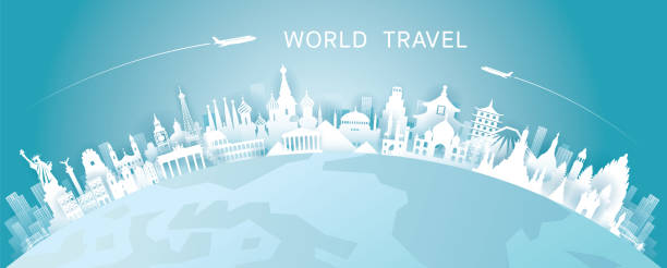 World Skyline Curve Landmarks in Paper Cutting Style Famous Place and Historical Buildings, Travel and Tourist Attraction journey silhouettes stock illustrations
