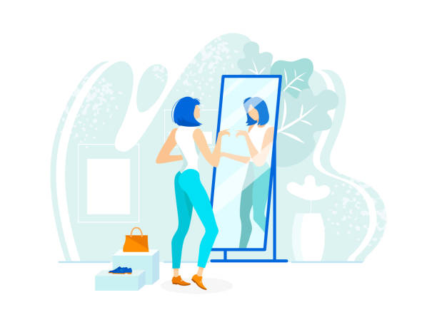 Stylish Young Woman Checkout Look Reflect Mirror. Stylish Modern Young Woman Standing Checkout her Look in Reflect Mirror. Character Shopping at Garment Fashion Store with Clothes and Shoes. Flat Vector Illustration for any purpose Design woman mirror stock illustrations