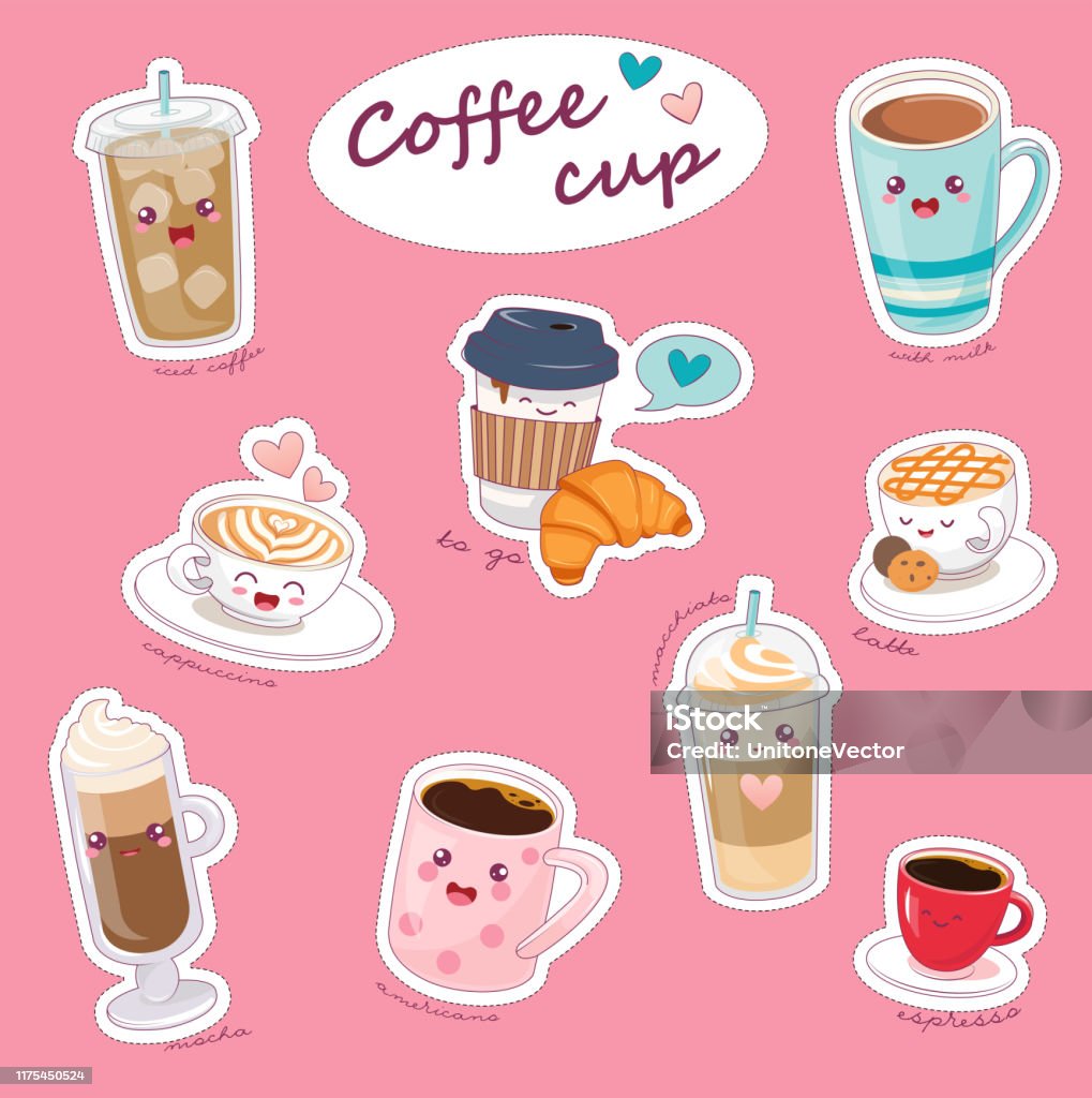 Kawaii Coffee Cups With Different Hot Drinks Stock Illustration - Download  Image Now - Coffee - Drink, Cute, Latte - iStock