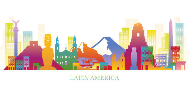 illustrations, cliparts, dessins animés et icônes de amérique latine skyline landmarks silhouette colouful - silhouette chichen itza south america backgrounds