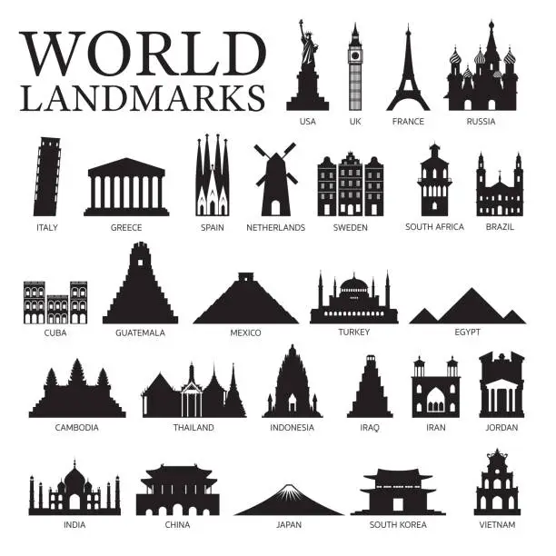 Vector illustration of World Countries Landmarks Silhouette Set