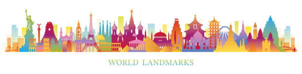 world skyline wahrzeichen silhouette in bunten farbe - prambanan temple stock-grafiken, -clipart, -cartoons und -symbole