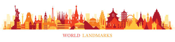 ilustrações de stock, clip art, desenhos animados e ícones de world skyline landmarks silhouette in colorful color - angkor wat