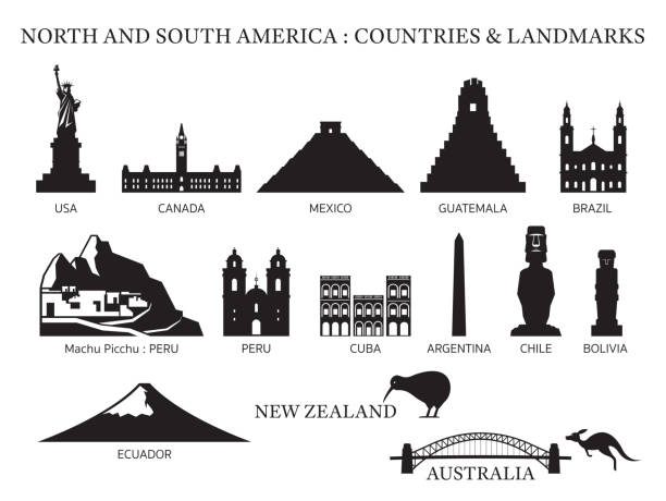 illustrations, cliparts, dessins animés et icônes de america continent et l'australie pays landmarks silhouette - silhouette chichen itza south america backgrounds