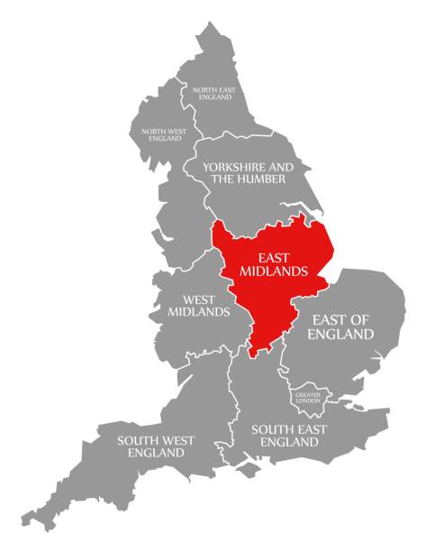 illustrazioni stock, clip art, cartoni animati e icone di tendenza di east midlands rosso evidenziato nella mappa dell'inghilterra regno unito - east midlands illustrations