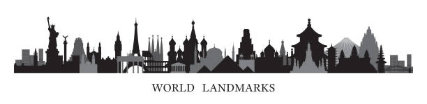 ilustrações de stock, clip art, desenhos animados e ícones de world skyline landmarks in black and white silhouette - angkor wat