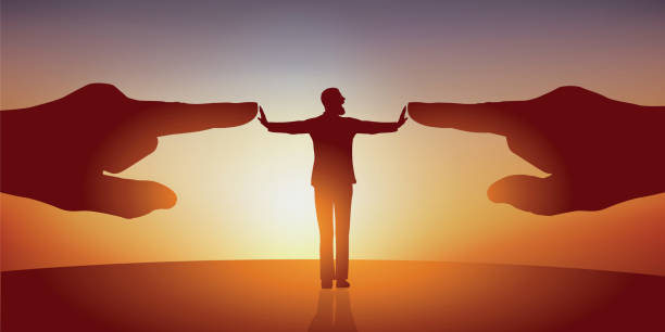 Concept of rebellion with a man who refuses to be designated by blocking with his arms. Concept of opposition with a man with his arms spread who symbolically repels two huge hands pointing at him to designate him as a scapegoat. conflict stock illustrations