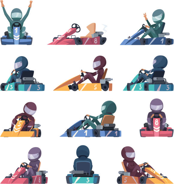 ilustraciones, imágenes clip art, dibujos animados e iconos de stock de coches de karting. los corredores rápidos aceleran las máquinas de karting en ilustraciones de dibujos animados vectoriales de carretera - sport go cart go carting sports race