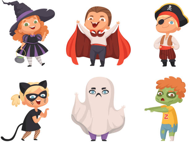 ilustrações de stock, clip art, desenhos animados e ícones de halloween kids. party children scary characters costume witch vampire vector cartoon halloween collection - carnaval costume