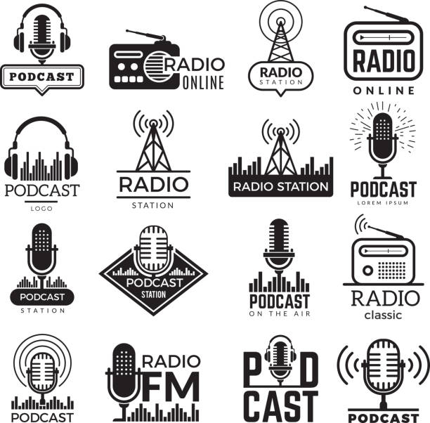 illustrazioni stock, clip art, cartoni animati e icone di tendenza di logo della stazione radio. raccolta di badge vettoriali per altoparlanti podcast studio musicale - radio