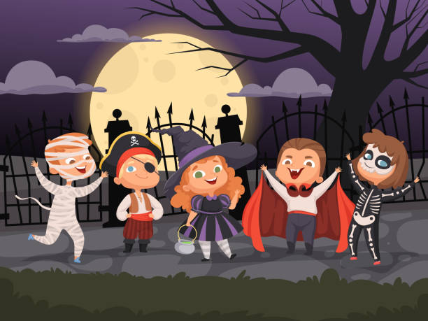 ilustraciones, imágenes clip art, dibujos animados e iconos de stock de fondos de halloween. niños jugando en trajes de miedo para halloween diablo horror fiesta fantasma zombie bruja vector colección de personajes - vampire vampiress little girls cartoon