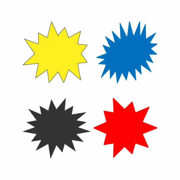 Vector illustration of Set of colored starbursts. Collection of isolated vector illustration. Yellow, black, blue, red.
