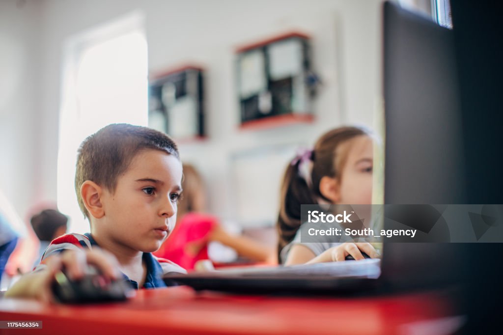 Boy Learning In Computer Boy In Elementary School Using Computer Stock Photo - Download Image ...