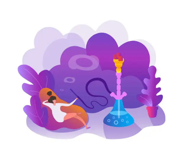 Vector illustration of Young woman enjoy smoke a hookah relax sitting on a pillow