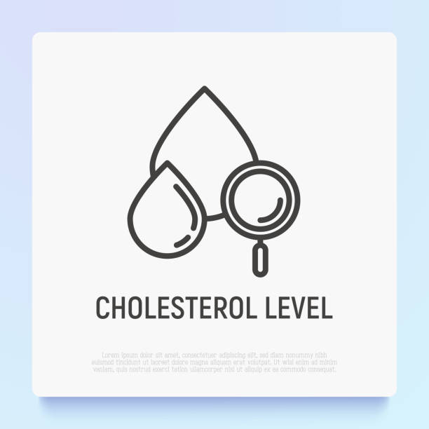 ilustraciones, imágenes clip art, dibujos animados e iconos de stock de icono de línea delgada de nivel de colesterol: gota de sangre con lupa. ilustración vectorial moderna del análisis de sangre. - cholesterol