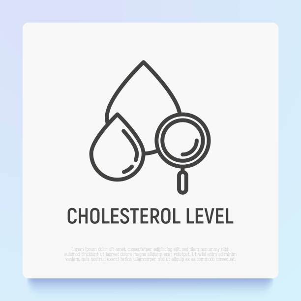 콜레스테롤 수치 얇은 라인 아이콘: 돋보기와 혈액 드롭. 혈액 검사의 현대 벡터 그림. - cholesterol stock illustrations