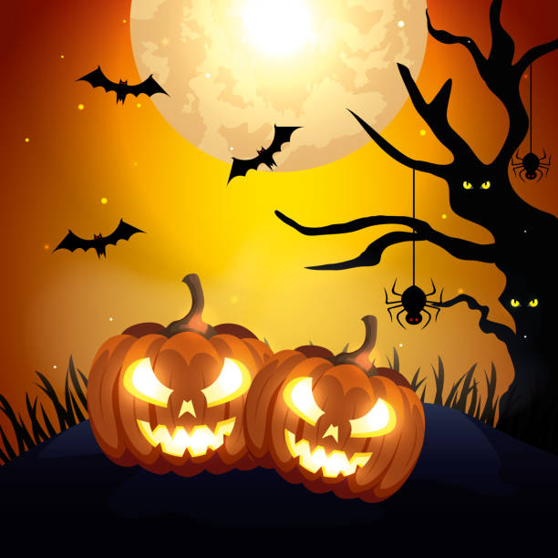 istock pumpkins with icons of halloween 1175458605