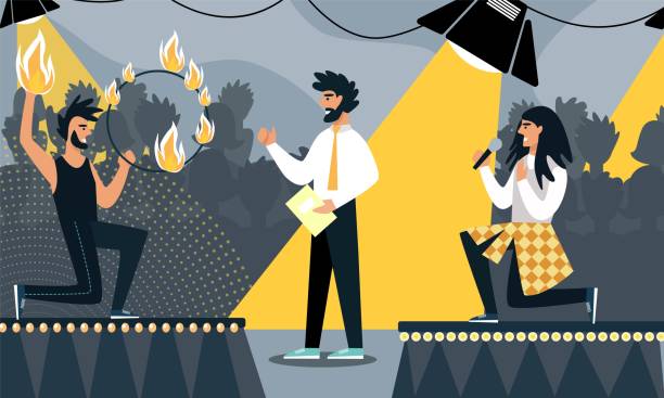 Creative Battle Talent Show Performance Festival Creative Battle or Talent Show Performance with Young Man Fire Juggler and Singer Presenting on Stage. Television Program Broadcasting or Festival for Talented People. Cartoon Flat Vector Illustration spark singer stock illustrations
