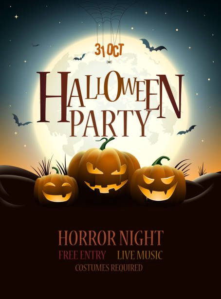 Halloween Party Poster Design Halloween Party Poster Design. Pumpkins under full moon. Bats are flying. Elements are layered separately in vector file. halloween moon stock illustrations