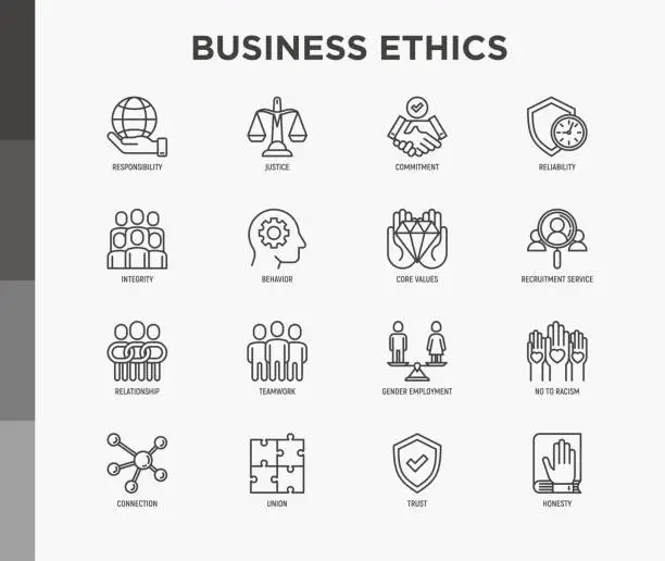 Vector illustration of Business ethics thin line icons set: connection, union, trust, honesty, responsibility, justice, commitment, no to racism, teamwork, gender employment, core values. Modern vector illustration.
