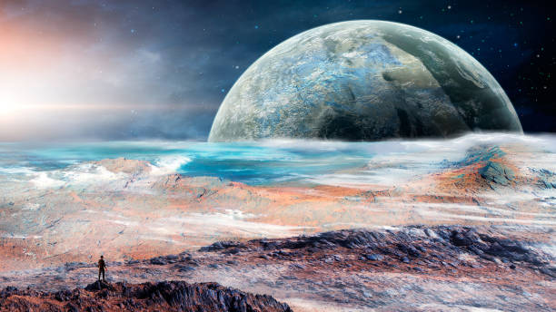 istock Space scene. Man standing on rock with planet and star. https://www.nasa.gov/sites/default/files/images/618486main_earth_full.jpg https://mars.nasa.gov/resources/7485/hinners-point-above-floor-of-marathon-valley-on-mars-enhanced-color/ https://photojourna 1175464368