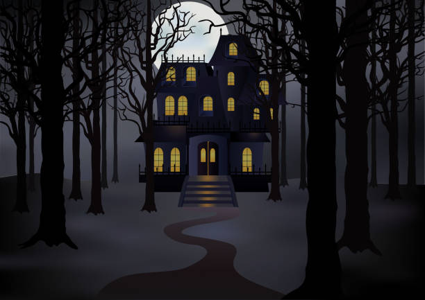 ilustrações, clipart, desenhos animados e ícones de casa assombrada na floresta nevoenta na lua cheia. cena assustador - mist castle fog night