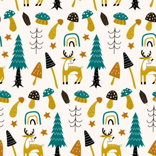 かわいい動物鹿と森のシームレスなパターン。ベクトルイラスト。手描きのテクスチャ。 - 2861点のイラスト素材／クリップアート素材／マンガ素材／アイコン素材