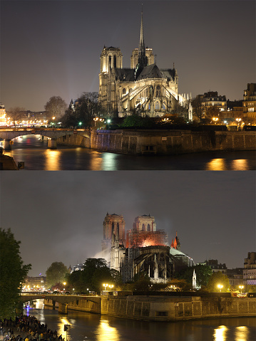 Comparison of photos of Notre Dame de Paris cathedral in Paris at night taken from the same spot before and after the fire of April 15th, 2019