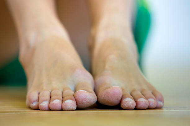 close-up of woman sitting on the floor with bare feet. legs care and skin treatment concept. - reflexology beauty naked human foot imagens e fotografias de stock