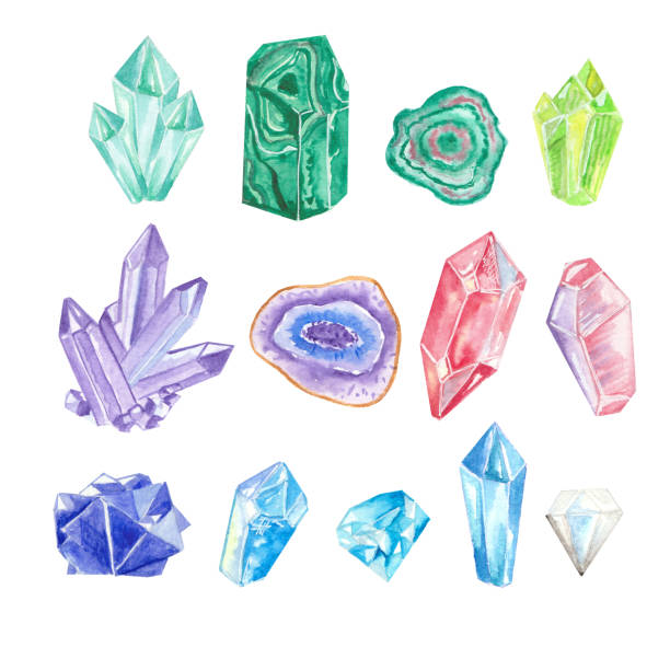 水彩色のカラフルな結晶や宝石は、白い背景に隔離されています。 - malachite mineral stone jewelry点のイラスト素材／クリップアート素材／マンガ素材／アイコン素材