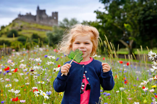 cute dziewczynka z irlandzkim koniczyny lizak. szczęśliwe zdrowe dziecko na łąkach kwietnych jedzące niezdrowe słodycze. rodzinne i małe dzieci wakacje w irlandii - cashel zdjęcia i obrazy z banku zdjęć