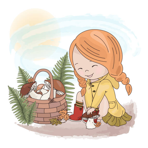 istock MUSHROOM CATCHER Cartoon Girl Forest Vector Illustration Set 1175470742