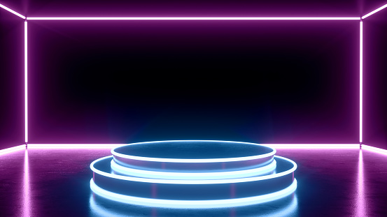Futuristic pedestal, Sci-Fi abstract blue and purple neon light shapes, glowing on black background with reflective concrete. Empty space for text, blank podium 3D rendering.