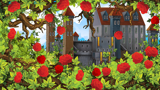 Cartoon Scene Of Rose Garden Near Castle In The Background Stock  Illustration - Download Image Now - iStock