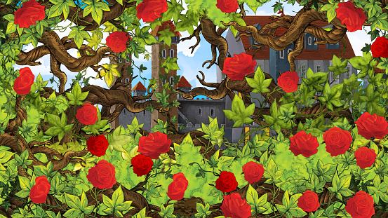 Cartoon Scene Of Rose Garden Near Castle In The Background Stock  Illustration - Download Image Now - iStock
