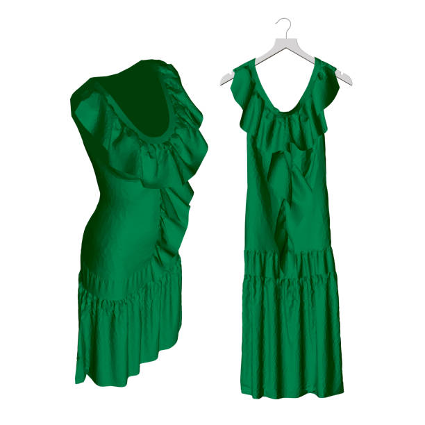 istock Set with a green open dress. Isometric front view. The dress hangs on a hanger and in the shape of a mannequin. 3D. Vector illustration. 1175474369
