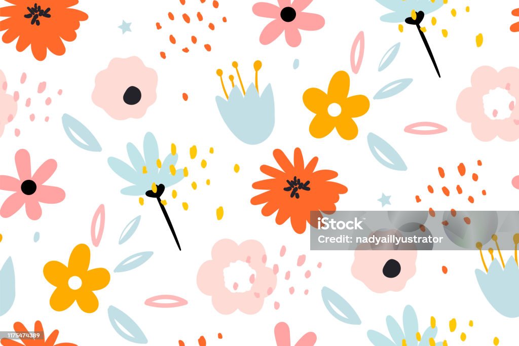 Patrón sin costuras con flores decorativas creativas en estilo escandinavo. - arte vectorial de Flor libre de derechos